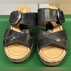 B.O.C Wedge Sandals Size 9 Black Leather And Cork.